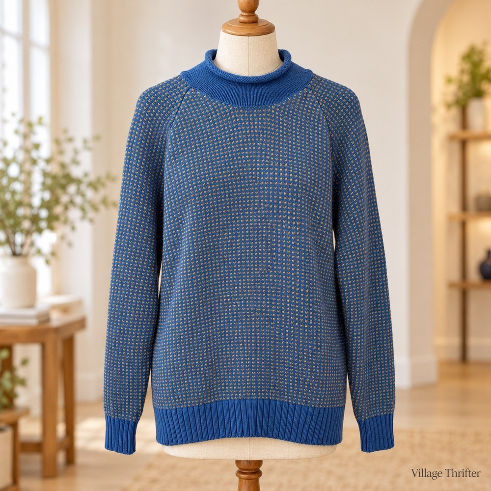 L.L. Bean Signature Sweater Womens XL Blue Yellow Organic Cotton Birds Eye Knit